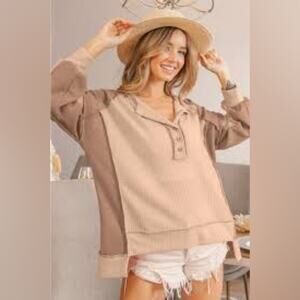 BiBi Two-Tone Taupe & Beige Button Henley Top